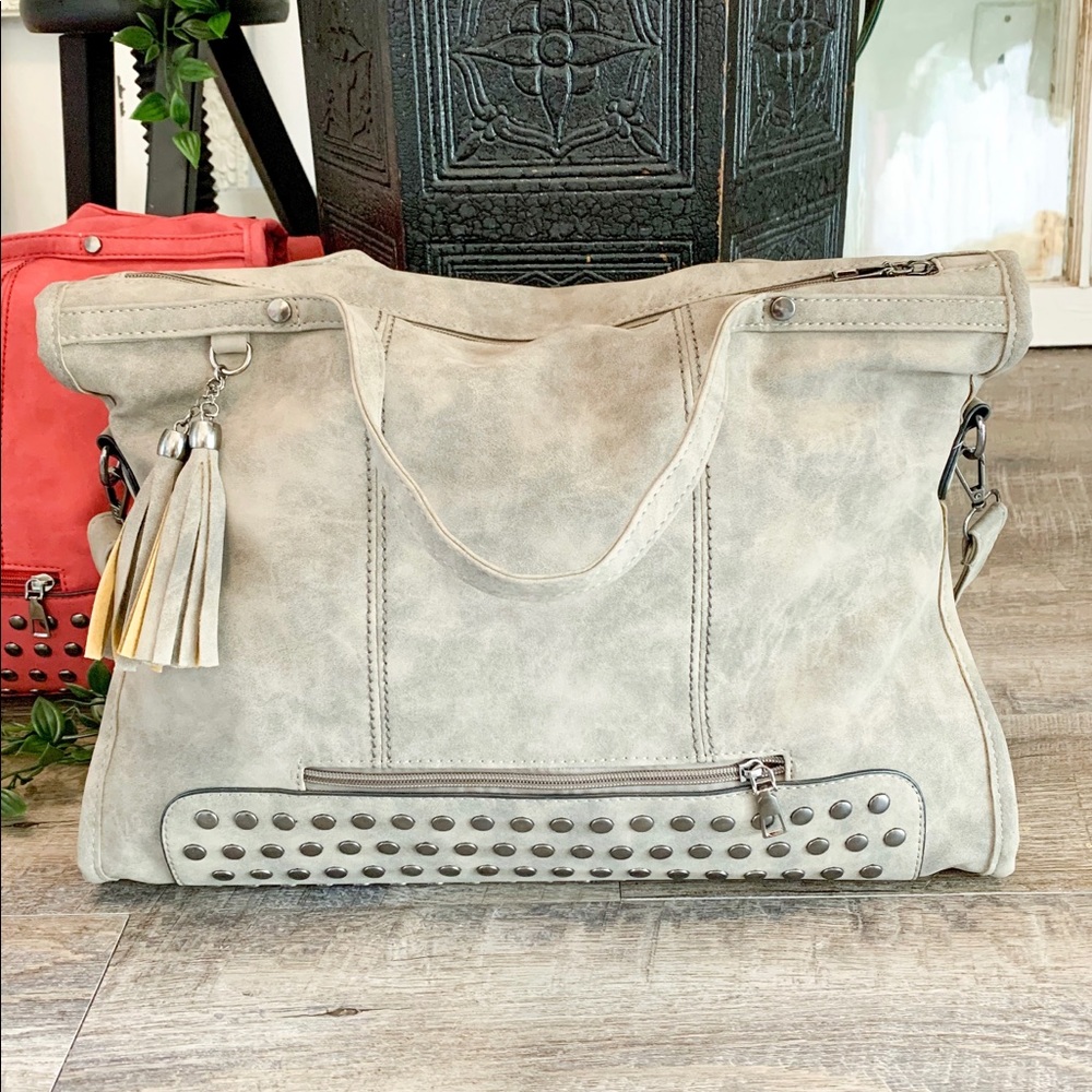 TAUPE Faux Suede Studded Bag - Picture 3 of 7